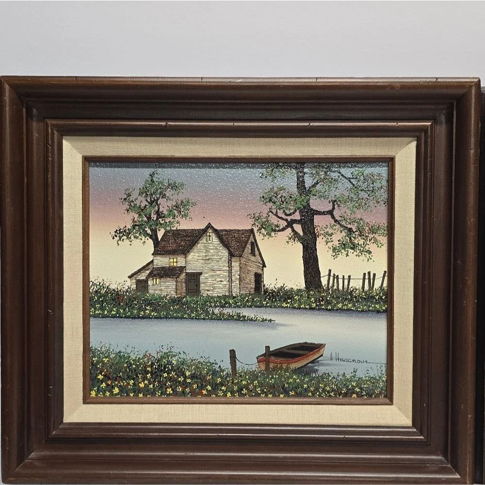 H Hargrove Original Oil Painting Set Lakehouse / Water Wheel Mill Vintage 1983
